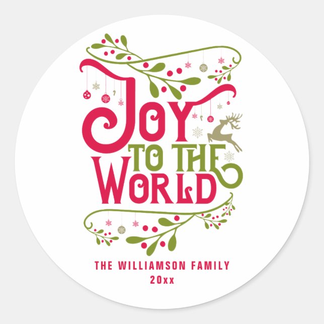 Joy to the World Christmas Holiday Personalized Classic Round Sticker (Front)