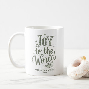 Joy to the World Christmas Lettering Taupe Green Coffee Mug