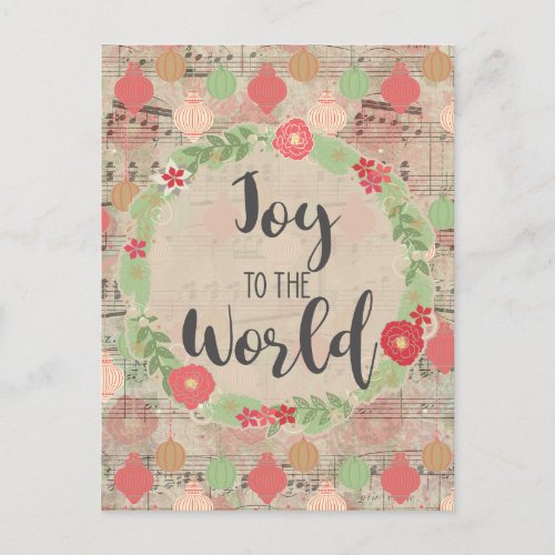 Joy To The World Christmas Music Floral Ephemera Postcard