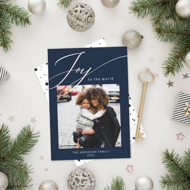 Joy to the World Christmas Photo Navy Holiday Card (Creator Uploaded)