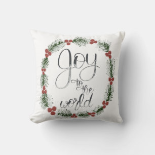 Joy to the World Christmas Pillow Red Wreath