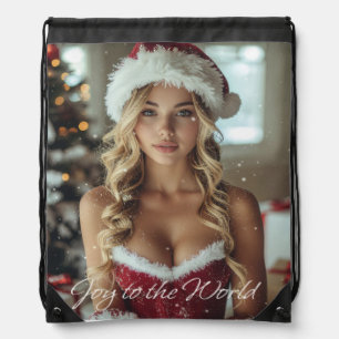 JOY TO THE WORLD - Christmas Santa Girl Drawstring Bag