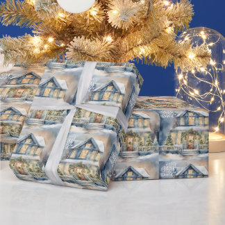 Joy to the World Christmas Snowy Night House Wrapping Paper