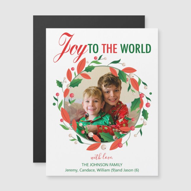 Joy to the World Christmas Wreath Photo Magnet (Front/Back)