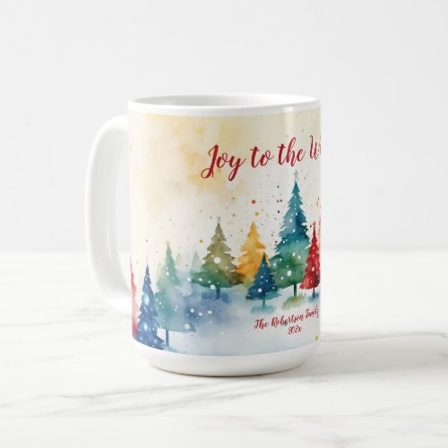 Joy to the World Colorful Trees Christmas Coffee Mug