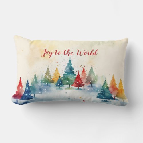 Joy to the World Colorful Trees Christmas Lumbar Pillow