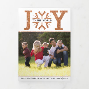 Joy to the world copper glitter Christmas Tri-Fold Holiday Card