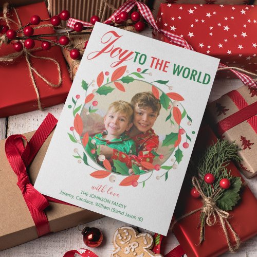 Joy to the World Cute Holly Wreath Photo Colorful Holiday Card