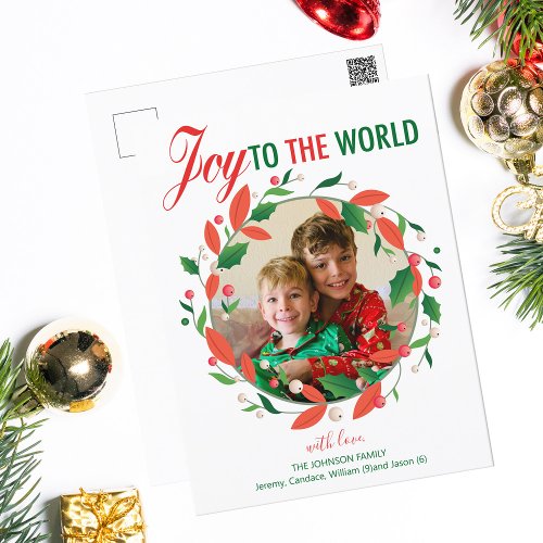 Joy to the World Cute Holly Wreath Photo Colorful Postcard