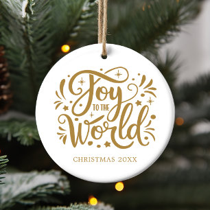 Joy to the World Elegant Gold Script Christian Ceramic Ornament