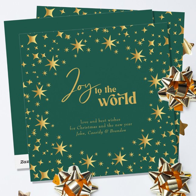 Joy to the World Elegant Green and Gold Stars Holiday Card (Creator Uploaded)