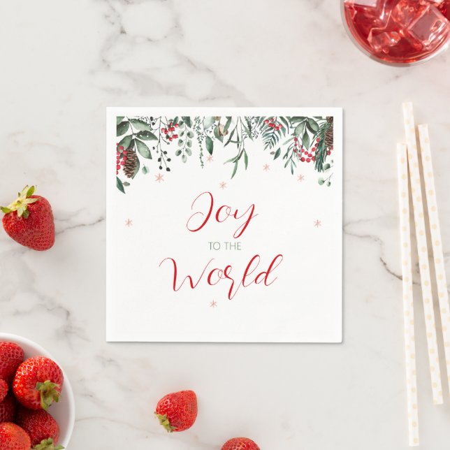 Joy to the World Elegant Greenery Christmas Napkins (Insitu)