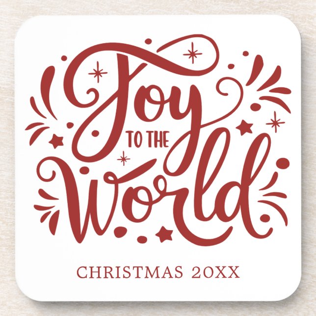 Joy to the World Elegant Red Script Christian  Beverage Coaster (Front)