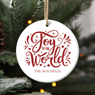 Joy to the World Elegant Red Script Christian Ceramic Ornament