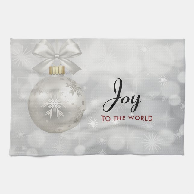 Joy to the World Elegant Silver Christmas Ball Kitchen Towel (Horizontal)