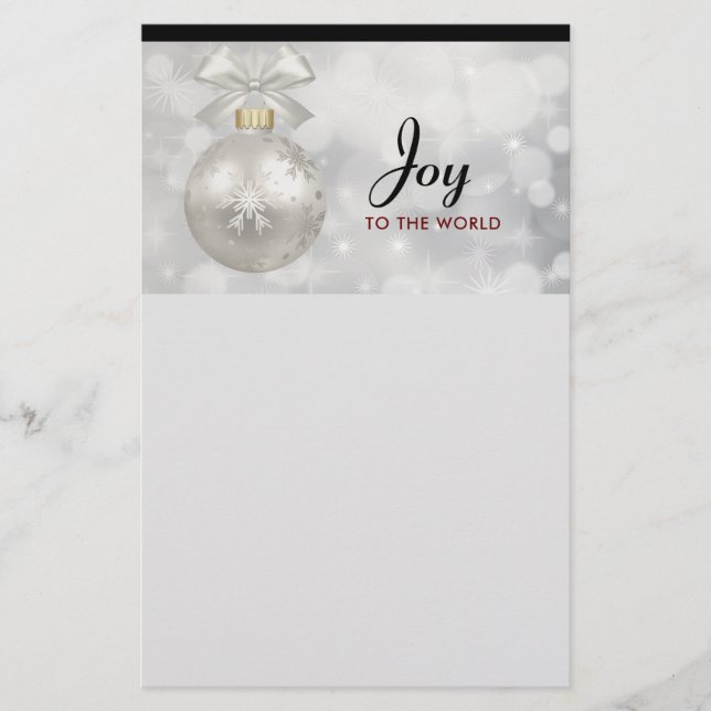 Joy to the World Elegant Silver Christmas Ball Stationery (Front)