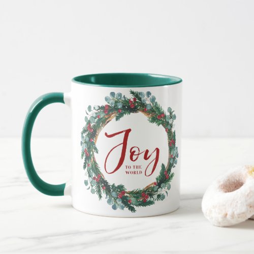 Joy to the World Evergreen Wreath Christmas Mug