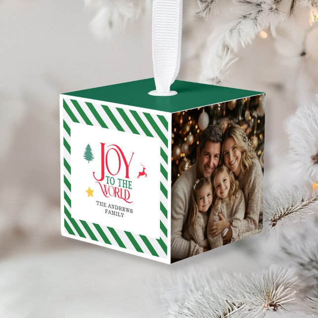 JOY TO THE WORLD-Family Christmas 3 photo ornament (JOY TO THE WORLD-Family Christmas 3 photo ornament. Classic, green stripes.)