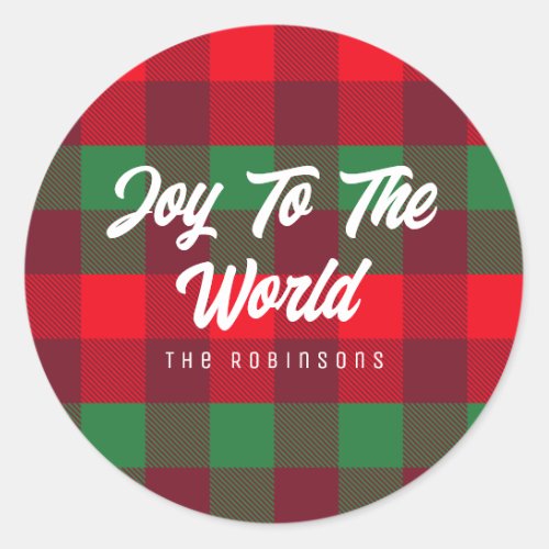 Joy To The World Family Christmas Buffalo Plaid Classic Round Sticker