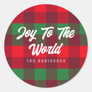 Joy To The World Family Christmas Buffalo Plaid Classic Round Sticker