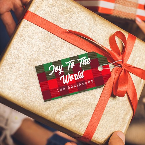 Joy To The World Family Christmas Buffalo Plaid Gift Tags