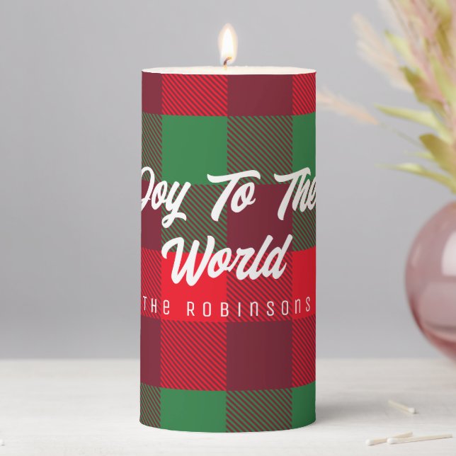 Joy To The World Family Christmas Buffalo Plaid Pillar Candle (In Situ)