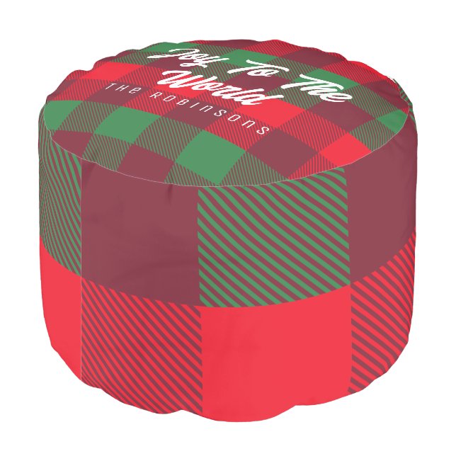 Joy To The World Family Christmas Buffalo Plaid Pouf (Angled Back)