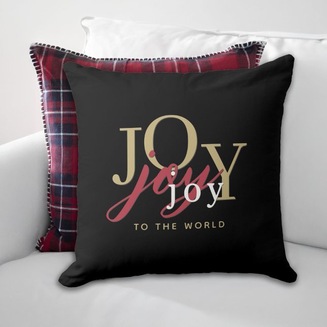 Joy to the World Festive Typography Black Throw Pillow (Creator Uploaded)