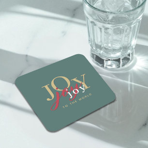 Joy to the World Festive Typography Christmas Square Paper Coaster