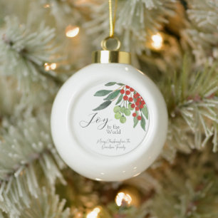 Joy to the World Festive Watercolor Holly Berry Ceramic Ball Christmas Ornament