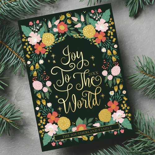 Joy To The World Floral Garden Elegant Photo Frame Foil Holiday Card