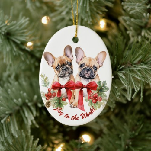 Joy to the World French Bulldogs Holiday Ceramic Ornament