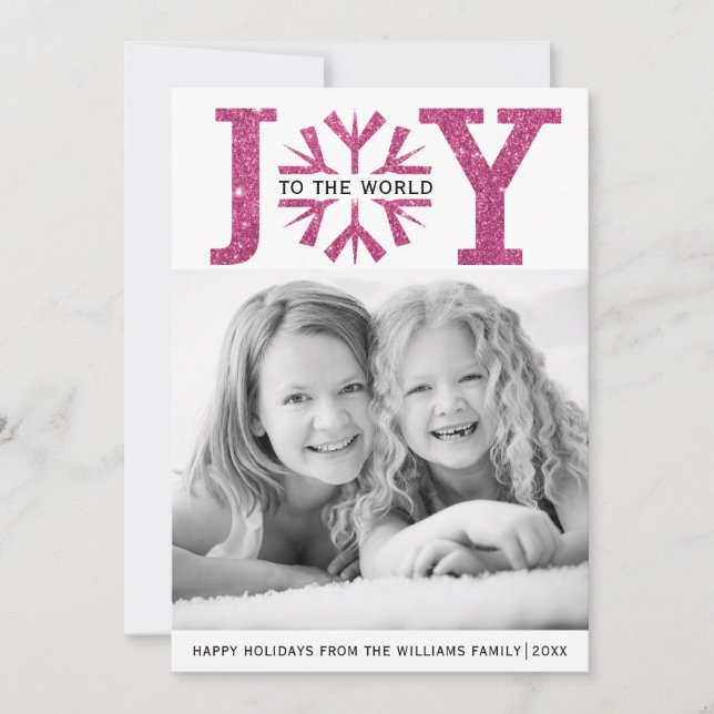 Joy to the world fuchsia pink snowflake Christmas Holiday Card (Front)