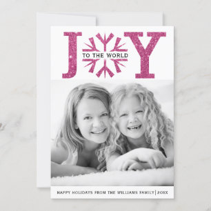 Joy to the world fuchsia pink snowflake Christmas Holiday Card