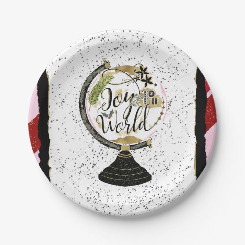 Joy to the World Global Holiday Pink  Red Party Paper Plates