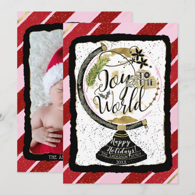 Joy to the World Global Holiday Pink & Red Stripes Invitation (Front/Back)