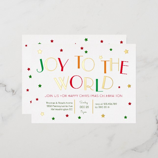 Joy to the world, gold christmas party invitation (Front/Back)