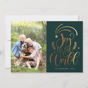 Joy to the World Green Gold Photo Christmas Holiday Card