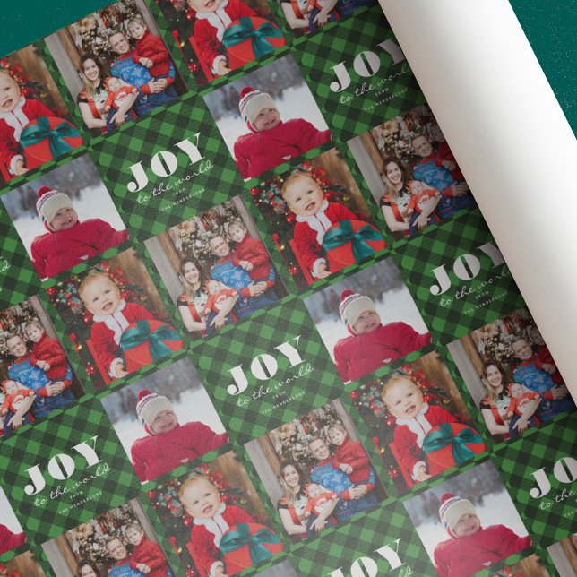 Joy to the World Green Plaid Photo Holiday Wrapping Paper (Creator Uploaded)