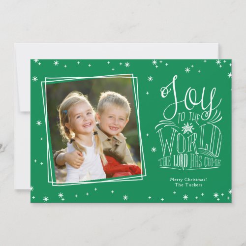 Joy to the World Handwritten Green Photo Christmas Holiday Card