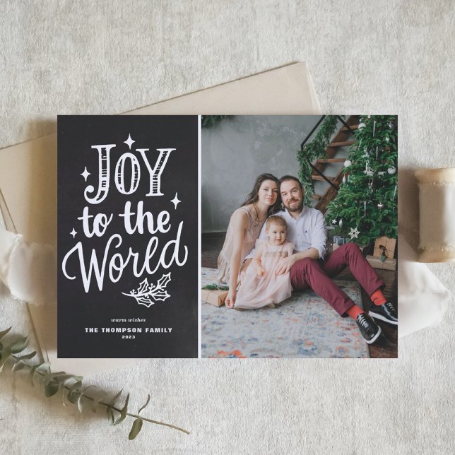 Joy To The World Lettering Chalkboard Photo Holiday Card (Creator Uploaded)