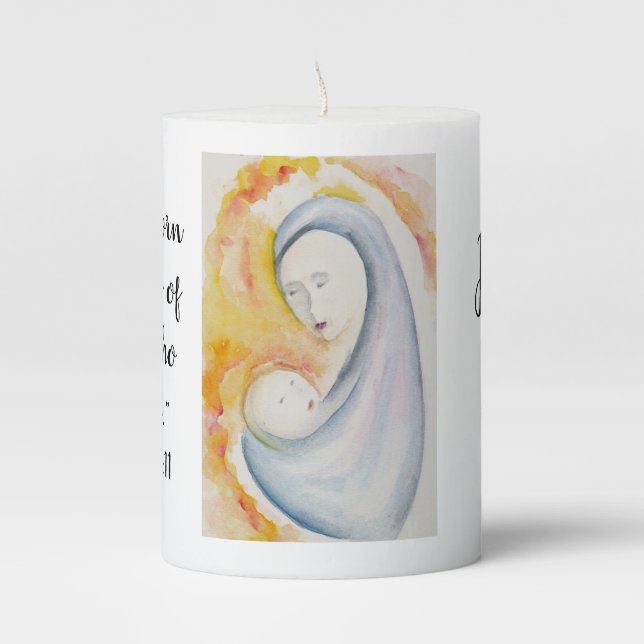 Joy to the World Madonna and Child Christmas Pillar Candle (Front)