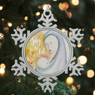 Joy to the World Madonna and Child Watercolor Snowflake Pewter Christmas Ornament