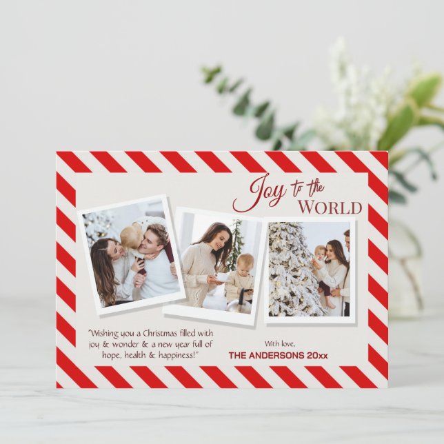 Joy to the world modern 3 family photos cute red holiday card (Standing Front)