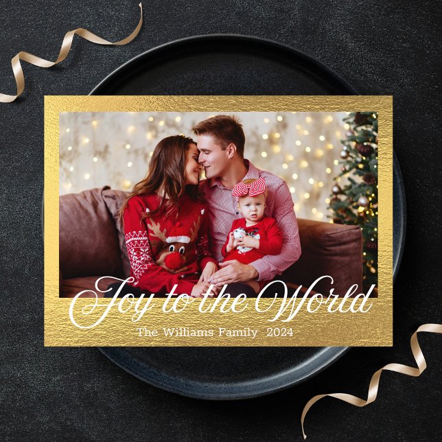 joy to the world,modern script gold foil photo holiday card (Creator Uploaded)