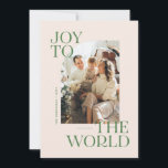 Joy to the World Modern Type Christmas Photo  Holiday Card<br><div class="desc">Send your family Christmas greetings with this green,  modern,  elevated and chic religious Christmas card featuring the words,  "Joy to the World",  paired with a curved edge photo frame. The back of the card also has space to enter your own message.</div>