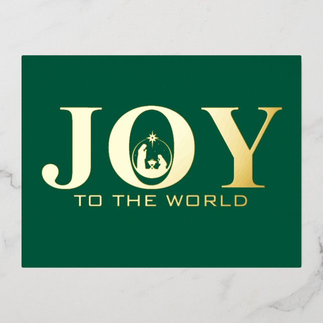 Joy to the World Nativity Gold Green Christmas Foil Holiday Postcard (Front)