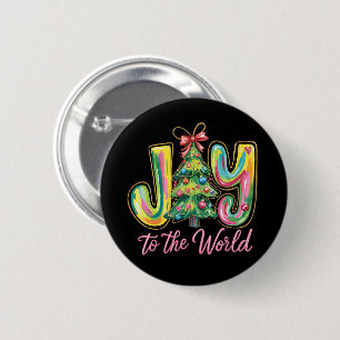 Joy To The World Neon Christmas Tree Brushstroke  Button