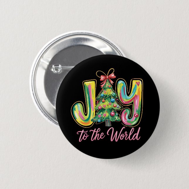 Joy To The World Neon Christmas Tree Brushstroke  Button (Front & Back)