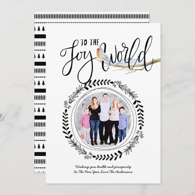 JOY To The WORLD PHOTO Modern Festive Robin Xmas Invitation (Front/Back)